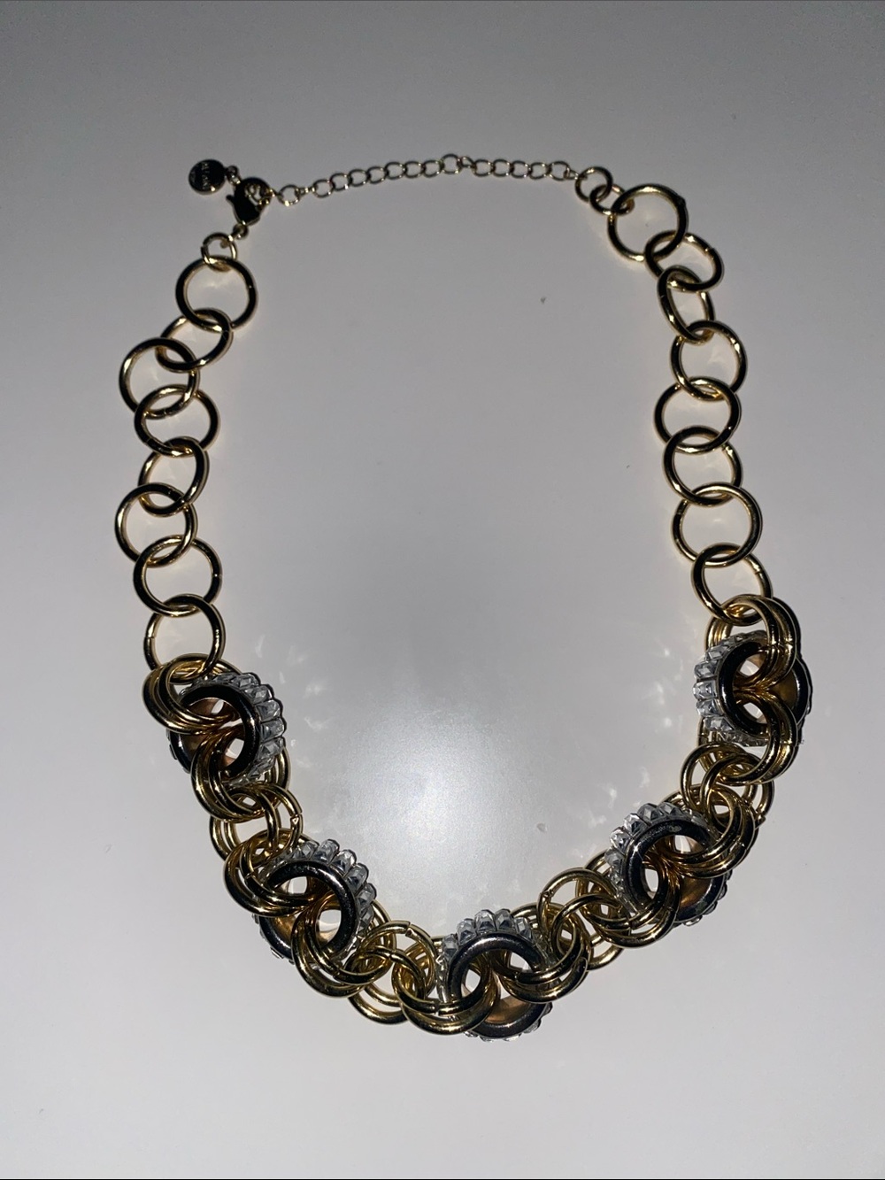 Gold and Silver Tone Link Necklace with Clear Crystal Accents